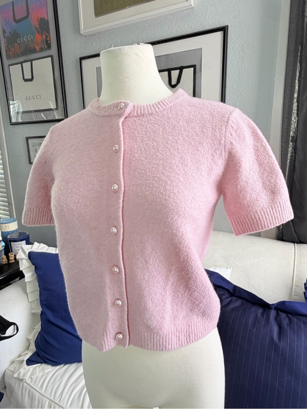 Women's Pink Short-Sleeve Button Cardigan Sweater